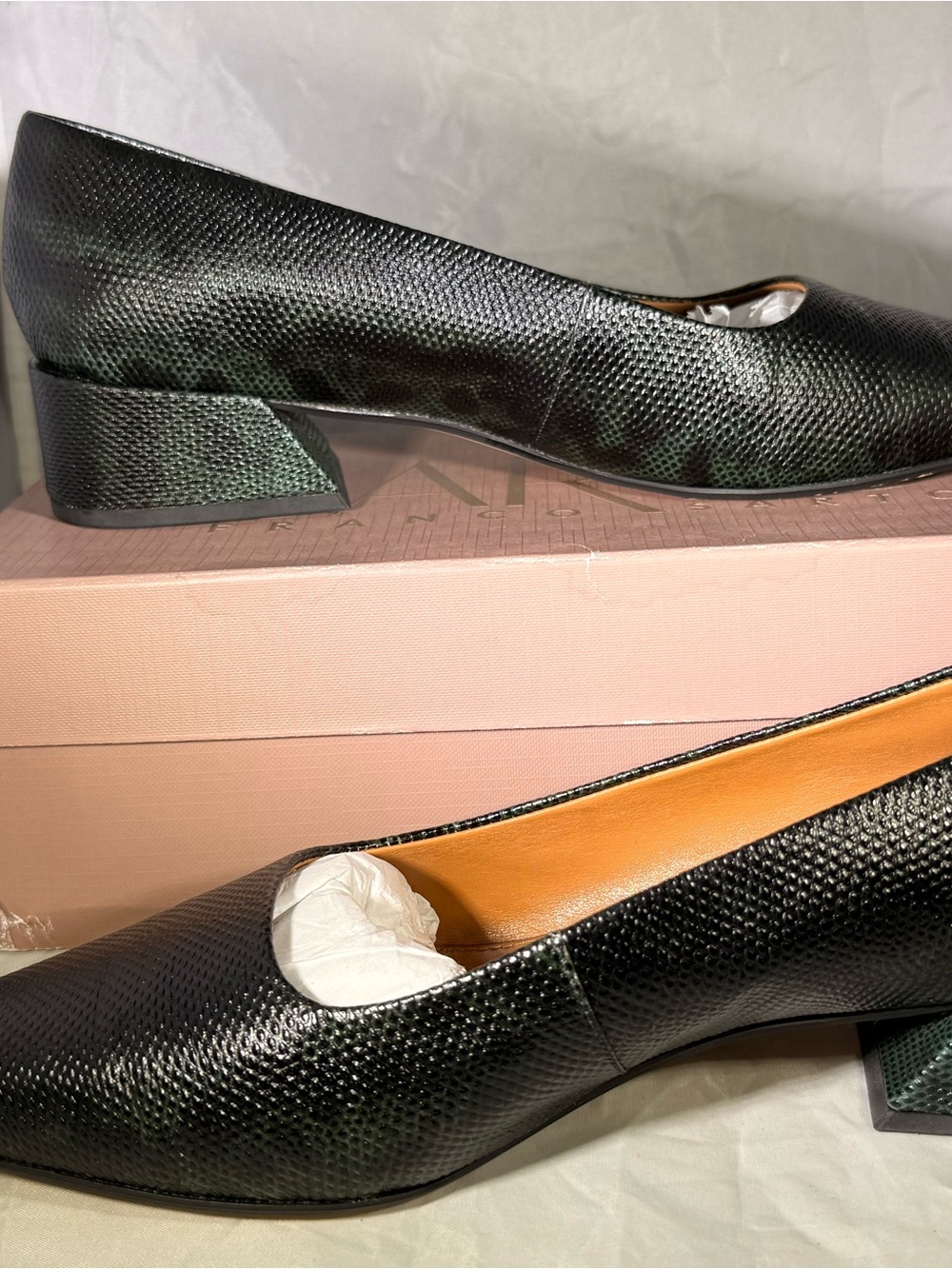Franco Sarto Dark Green Textured Low Block Heel Pumps